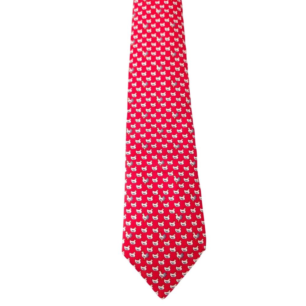 NWOT Rare Vintage Hermès 100% Silk Men's Red Tie With Hens & Roosters